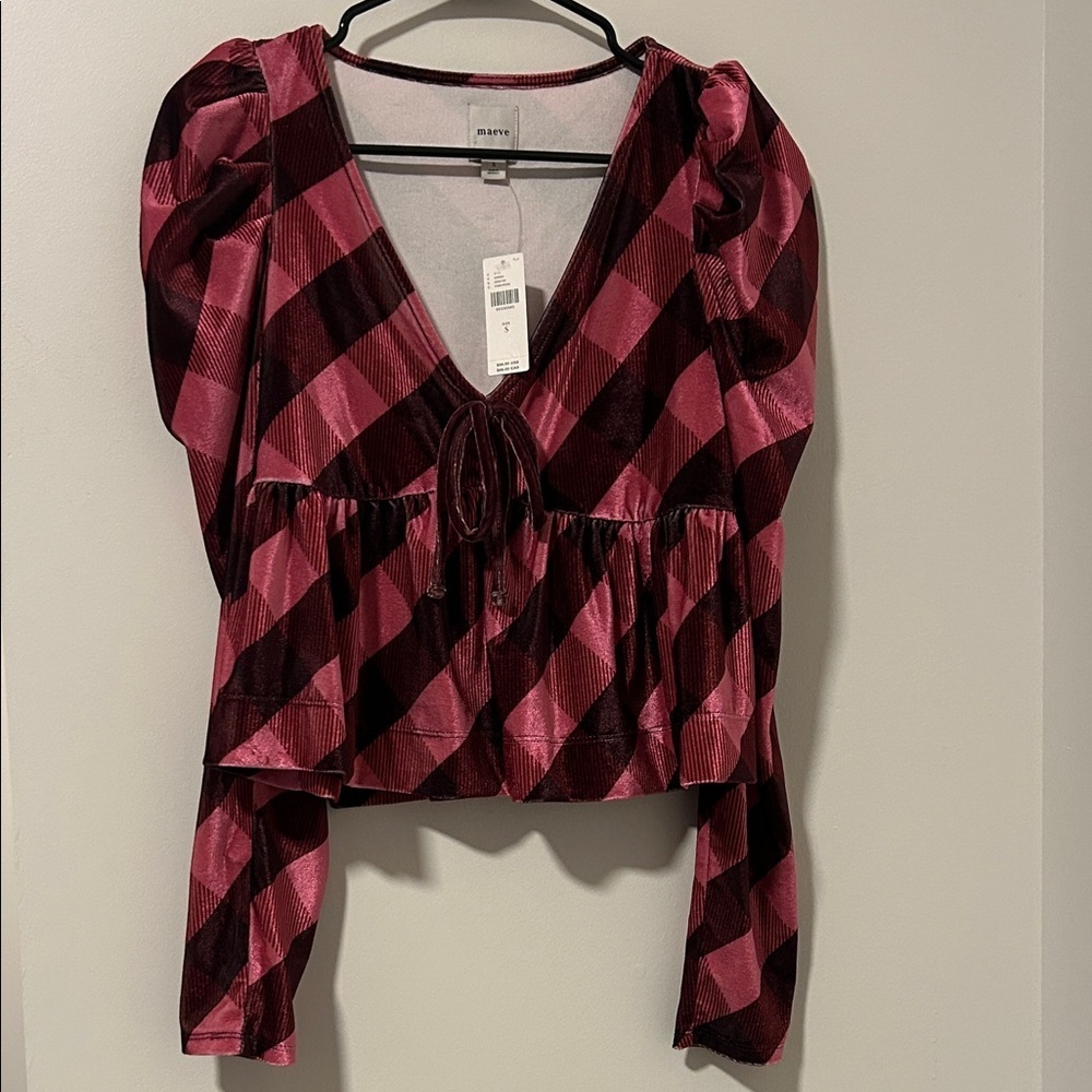 Maeve by Anthropologie Plaid Velvet Babydoll Top Pink Size Small NWT